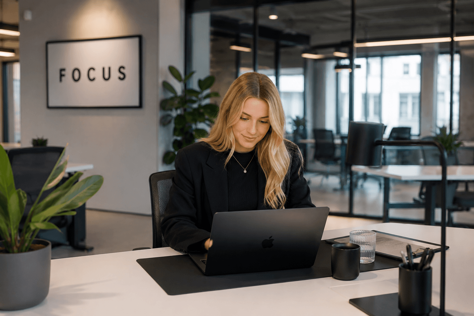 Modernes Büro – konzentrierte KI-gestützte Arbeit